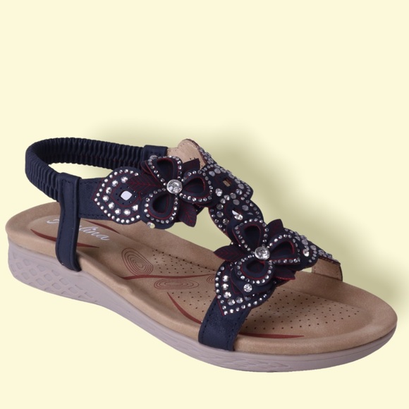 Italina Black Rosette Floral Woven Elastic Slingback Padded Slide On Sandal 11 - Picture 4 of 8